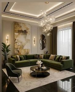 Ensemble de meubles de salon confortables avec rembourrage en tissu pour 6 personnes, avec pieds en bois, canapé d'angle moderne en forme de L - Product Image 1