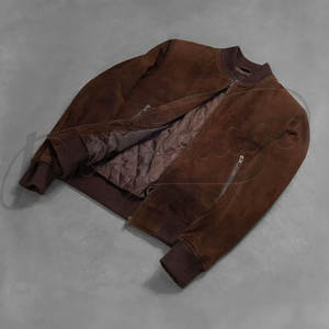 Chaqueta bomber de gamuza marrón oscuro para hombre, piel de oveja auténtica, corte ajustado, informal, estilo motociclista, con cremallera y puños acanalados. - Product Image 6