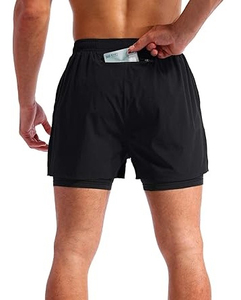 High Quality Solid Black Breathable Quick Dry <b>Mid</b> Waist Drawstring Closure Polyester Spandex Muscle <b>Layered</b> Gym Shorts Men - Product Image 2