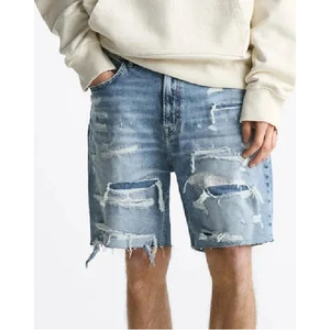 Pantalones Cortos de Mezclilla Personalizados con Bordado Desgastado para Hombre, Jorts Holgados de Alta Calidad con Lavado Ácido y Doble Dobladillo - Product Image 2