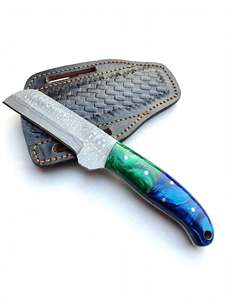 Handcrafted Damascus Steel Utility <b>Tool</b> Dual Tone Green Blue Resin Handle Horizontal <b>Leather</b> Sheath - Product Image 1