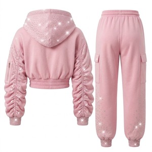 Custom <b>Pink</b> Ruched Sleeves With Rhinestone Tracksuit Cropped Zip Up <b>Hoodie</b> Cargo Jogger Pant Two Piece Sweatsuit Women Outfit - Product Image 2