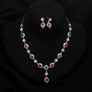 <b>Ruby</b> Emerald Crystal <b>Necklace</b> Set Pear Round Stone Drop Design White Gold Plated Statement Jewelry Gift for Her - Product Image 2