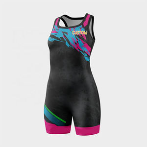 Traje de Lucha Libre Sublimado Negro para Mujer con Ribete Rosa, Personalizado de una Pieza - Product Image 1
