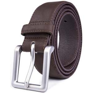 Ceinture formelle en cuir véritable marron avec boucle rectangulaire argentée, design solide et durable, matière respirante et à séchage rapide - Product Image 3