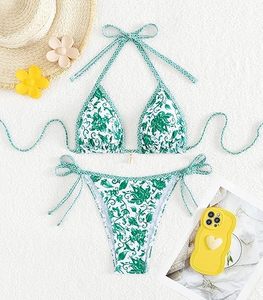 Tough Band Halter Neckline Floral Pattern Bikini with <b>V</b>-<b>String</b> Bottom 2-Piece Set in Spandex/Nylon Fabric Custom Beachwear - Product Image 4