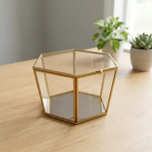 Geometric Glass <b>Jewelry</b> <b>Box</b> with Brass Frame <b>Mirror</b> Base Storage Organizer for Rings Necklaces Accessories Cosmetic - Product Image 4
