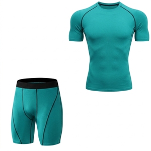 <b>Men's</b> Navy Blue <b>Compression</b> <b>Shirt</b> and Shorts Set Crew Neck Short Sleeve Moisture Wicking Fitted Polyester Athletic Wear - Product Image 6