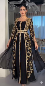ชุดอาบายะห์หรูหราสไตล์โมร็อกโกสีดำทอง ปักลายด้วยมือ พร้อมเข็มขัดทองทรงสวย แขนเสื้อคลุมบางเบา แห้งเร็ว - Product Image 3