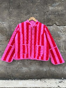 Pink Strip Print Cotton Quilted Women Jackets Winter Coat Reversible Jacket - Product Image 4