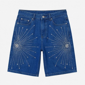 Jeans courts de bonne qualité pour hommes, en coton, coupe droite, décontractés, avec strass, denim, streetwear d'été, couleur personnalisée, vêtements tendance - Product Image 1