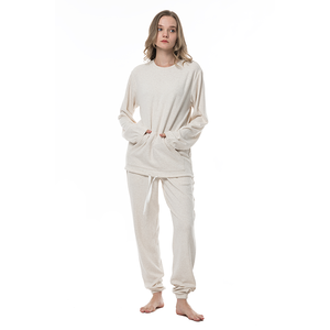 Conjunto de Pijama de Dos Piezas de Punto Crema para Mujer, Manga Larga, Cuello Redondo, Corte Holgado, Ropa Casual, Color Sólido, Transpirable, para Todas las Temporadas - Product Image 3