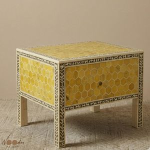 Mesa de centro con incrustaciones de hueso, otomana con cajones, taburete de almacenamiento de madera hecho a mano, forma irregular, muebles modernos para sala de estar de Rajasthan - Product Image 2