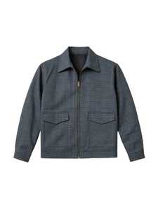 Navy Plaid Regular Zippered Casual Winter 100% <b>Wool</b> Blouson Jacket - Product Image 1