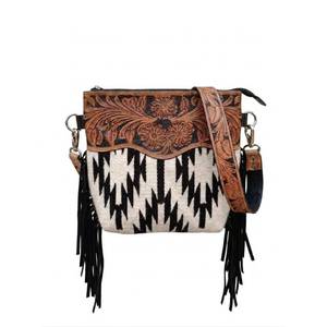 Bolso bandolera y de hombro para mujer, hecho a mano con cuero genuino y lana azteca, con flecos - Product Image 1