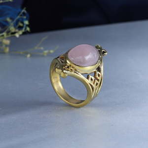Art Deco Rose Quartz Brass <b>Gold</b> Plated Statement <b>Ring</b> - Product Image 2