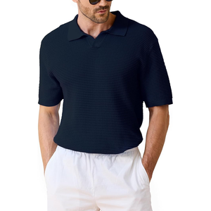 Men's Navy <b>Blue</b> Short Sleeve Knitted <b>Polo</b> <b>Shirt</b> Solid Color Casual Breathable Regular Fit Collared Design - Product Image 2