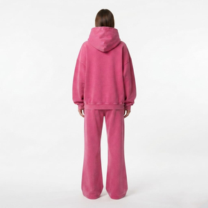 Ensemble de survêtement d'hiver deux pièces pour femme, personnalisé, en molleton de coton épais, délavé à l'acide, avec sweat à capuche orné de strass et pantalon large, vente en gros - Product Image 6