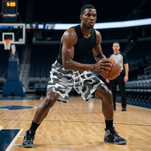 Shorts de basketball camouflage en maille/polyester, taille haute, logo élastique sur le devant, respirant, séchage rapide, entrejambe 5 pouces, couleur unie - Product Image 3