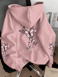 Sudaderas con Capucha Extra Grandes de Felpa Rosa para Mujer, Estampado Gráfico de Mariposas, Hombros Caídos, Ropa Urbana de Otoño e Invierno, Bordado de Logotipo Personalizado OEM - Product Image 2