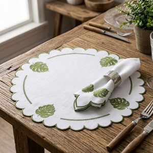 Custom Washable Reuse Handmade Luxury Embroidery Leaves <b>Placemats</b> Napkins Sets 100% Linen Green Scallop Border Mats Home Wedding - Product Image 4