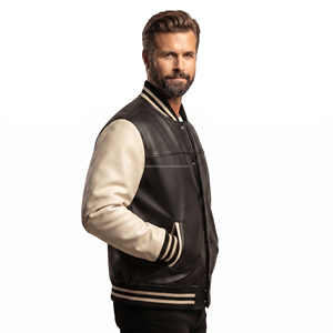 Chaqueta Varsity de Cuero Vacuno para Hombre, Color Sólido, Cuello Camisero, Corte Regular, para Otoño, Estilo Letterman - Product Image 2