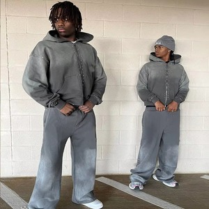 <b>Men</b>’s Acid Wash Tracksuit Oversized Zip Up Jacket Jogger Pants Vintage Streetwear Fashion Heavyweight Cotton Two Piece <b>Set</b> - Product Image 1