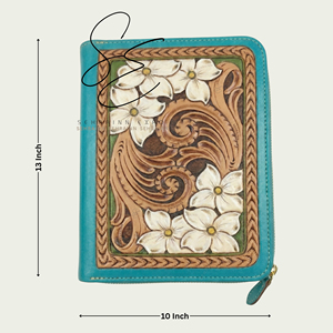 Western Turquoise Tooled Leather Portfolio <b>File</b> <b>Folder</b> Cover New Design Zippered <b>File</b> Cover Floral Carved Certificate Bag - Product Image 3