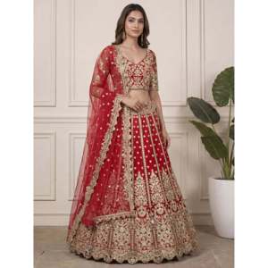 Red Zari Embroidered Net A-Line <b>Wedding</b> Lehenga Choli for Party - Product Image 1