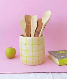 Porte-ustensiles en céramique peint à la main, motif floral à carreaux, finition brillante, durable, résistant à la chaleur, organiseur de comptoir de cuisine - Product Image 2
