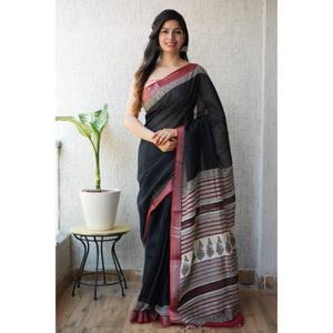 Sari en lin imprimé exclusif avec chemisier en lin pour occasions festives et décontractées, provenant d'un fabricant et fournisseur indien. - Product Image 4