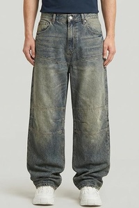 Vaqueros de mezclilla para hombre, lavados a la piedra, de pierna ancha, corte holgado, talla grande, cintura media, estilo casual urbano, 100% algodón, con bolsillo de parche - Product Image 3
