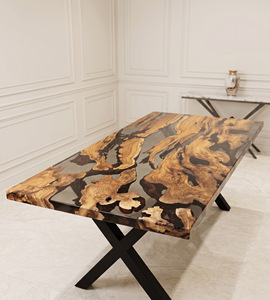 Table à manger rectangulaire moderne en résine avec bord naturel, design grain de bois fait main, 4 places, pieds en métal, durable, mobilier de maison et de commerce, Global - Product Image 3
