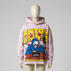 Sudadera con capucha rosa personalizada con estampado gráfico, oversize para hombre, de peso pesado, estilo streetwear, con estampado en relieve de esqueleto, de forro polar, fabricante - Product Image 3