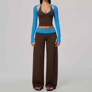 Women's Halter Neck Solid Color Knitted Tank Top with Long Sleeves and <b>Wide</b> <b>Leg</b> <b>Pants</b> Set Breathable Minimalist Style for <b>Yoga</b> - Product Image 5