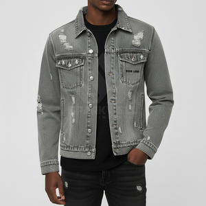 <b>Men's</b> Light Grey Distressed Denim Trucker <b>Jacket</b> Button Closure <b>Long</b> Sleeve Regular Fit Ripped Casual Jean <b>Jacket</b> Streetwear Out - Product Image 6