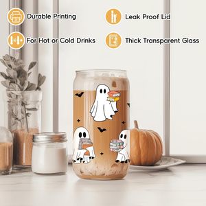 Tazza Lettore Fantasma di Halloween, Regalo della Fata per Amanti dei Libri, Bicchiere Termico in Acciaio Inossidabile da 16 oz con Coperchio e Cannuccia, Design Carino e Spettrale per Bevande Fredde - Product Image 2