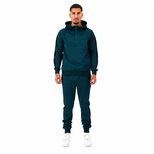 Men Dark Green <b>Hooded</b> Tracksuit Full <b>Zip</b> Sweatshirt & Pants Set Solid Color Casual Autumn Wear Regular Fit Side Pockets - Product Image 1