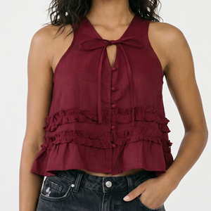 <b>Womens</b> Ruffle Crop Tank <b>Top</b> <b>Burgundy</b> Woven Halter Keyhole Tie Sleeveless Blouse Manufacturer - Product Image 1
