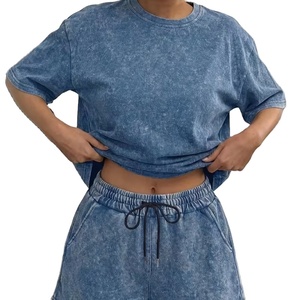 Conjunto de 2 piezas lavado para mujer: Top de manga corta regular y shorts con cintura elástica y cordón, estilo vintage sólido, ropa casual de calle. - Product Image 1