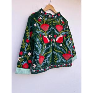 Premium Quality Suzani Embroidery Cotton Knitted <b>Jacket</b> with Button Detail Winter Festive Floral Design - Product Image 3