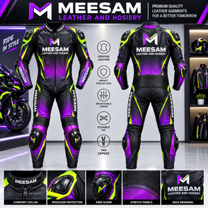 ชุดแข่งรถมอเตอร์ไซค์สีดำม่วงสำหรับผู้ชาย ยี่ห้อ Meesam Leather แบบเต็มตัว กันลม รุ่น Kangaroo Motocross Jumpsuit - Product Image 1