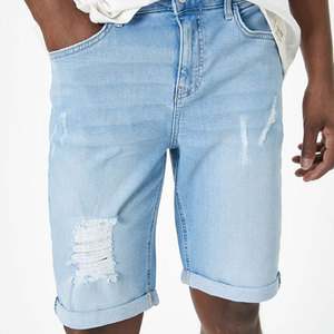 Shorts Bermuda en jean déchiré bleu clair pour homme, taille mi-haute, fermeture éclair, décontracté, en coton tissé respirant, coupe ajustée, anti-UV, séchage rapide - Product Image 6