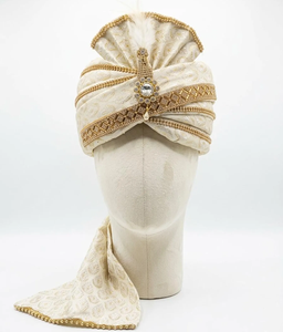 Turbante de Seda Color Marfil para Novio, Diseño de Alta Costura, Pre-Atado, con Plumas Kalgi y Brocado con Cuentas Doradas, Pagri, Tocado Real, Venta al Por Mayor - Product Image 3