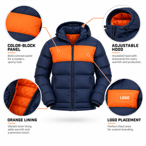 Chaqueta Acolchada con Capucha para Hombre, Diseño Color Block Azul Marino y Naranja, Relleno de Plumón, Abrigo de Invierno, Resistente al Agua, Logotipo Personalizado, OEM, Venta al Por Mayor - Product Image 6