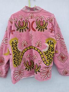 <b>Women</b> Pink <b>Velvet</b> Embroidered Suzani Jacket With Floral And Tiger Pattern Full Sleeve Stand Collar Bohemian <b>Women</b> Winter <b>Coat</b> - Product Image 3