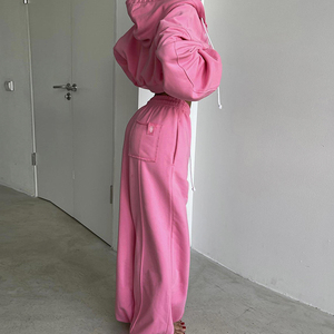 Ensemble de survêtement à capuche pour femme, manches longues, couleur unie, coupe décontractée ample avec poches latérales, taille élastique, coton mi-lourd, automne - Product Image 1