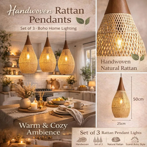 Minimalist Rattan Pendant Light 25cm Handmade Woven Bamboo Lampshade Natural Boho <b>Ceiling</b> Lamp Kitchen Dining Room - Product Image 2