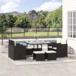Set da pranzo da esterno in vimini a 8 pezzi con tavolo quadrato in vetro e cuscini, sedie e pouf salvaspazio in rattan - Product Image 2