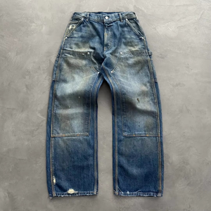 Jean de travail en denim noir délavé pour homme, coupe décontractée, double genou renforcé, style charpentier, personnalisable - Product Image 3